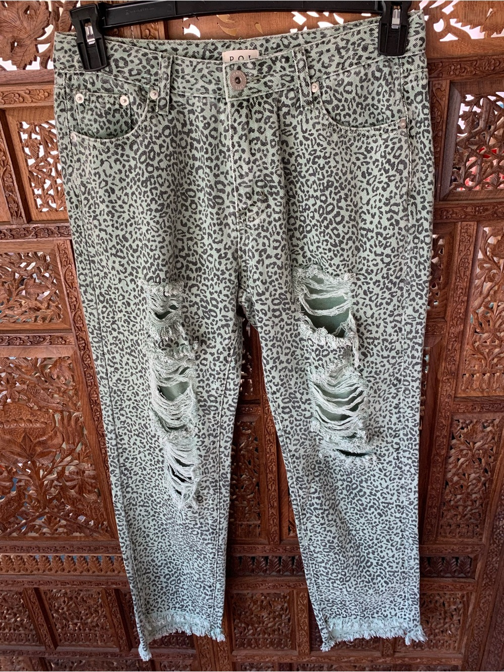 POL Mint Green Leopard Print Jeans